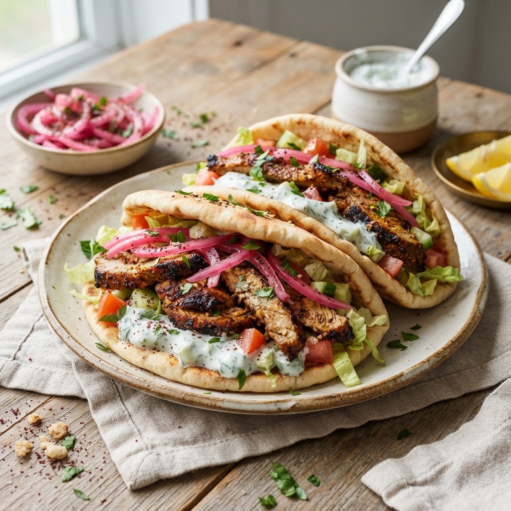 Lamb Shawarma Pitas with Pickled Onion
