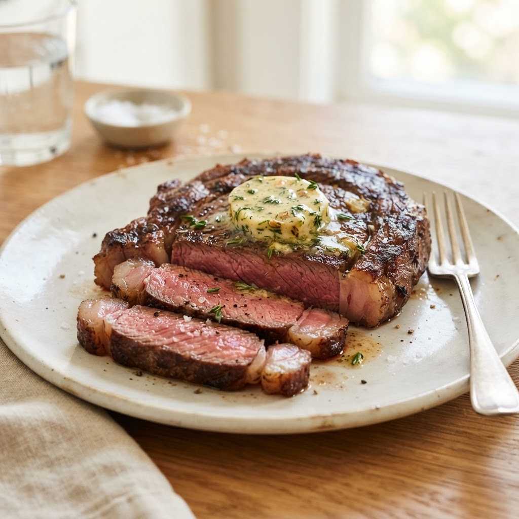 Reverse-Seared Beef Ribeye with Herb-Garlic Compound Butter