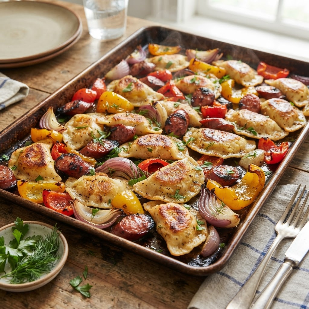 Sheet Pan Pierogies and Kielbasa