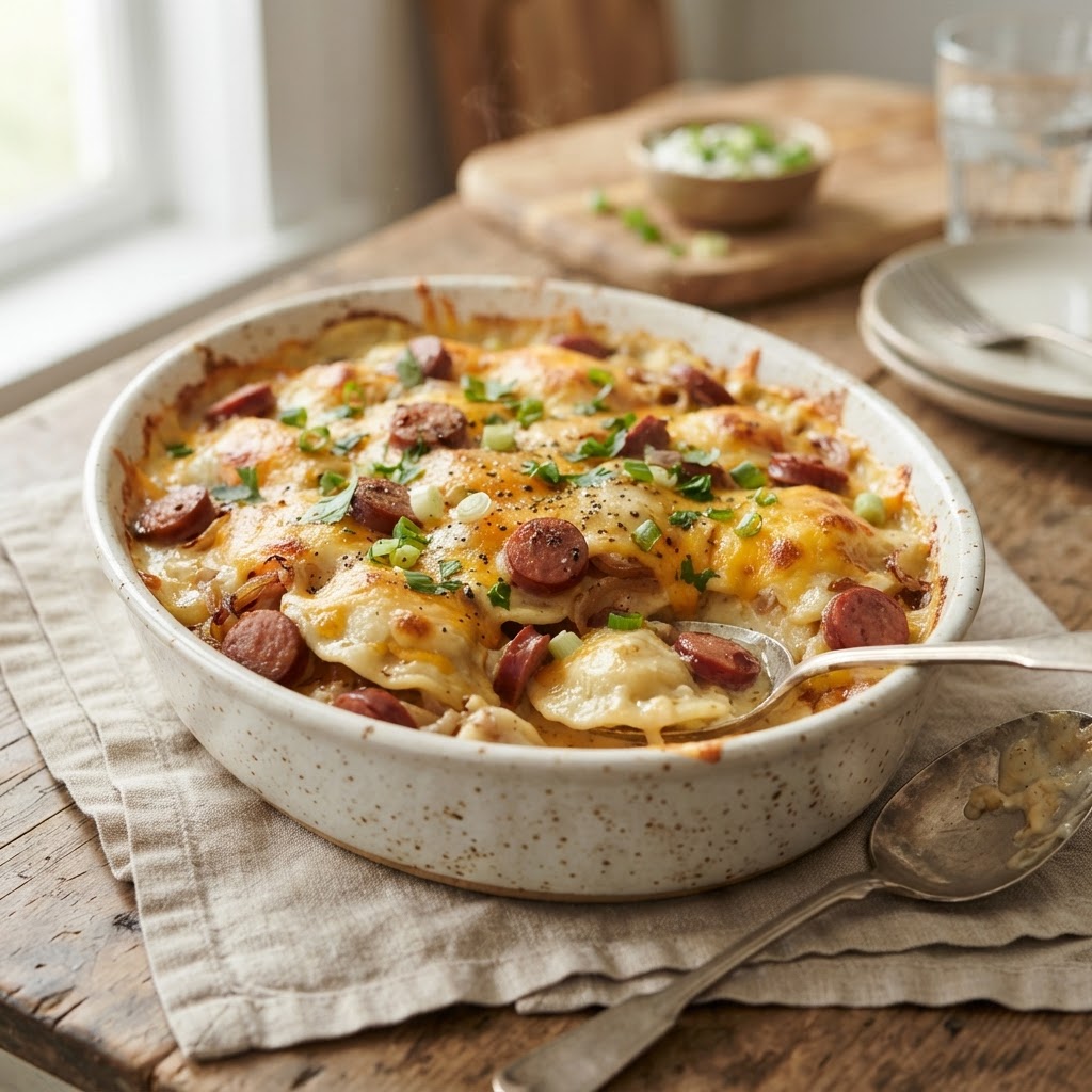 Cheesy Pierogi Casserole with Kielbasa