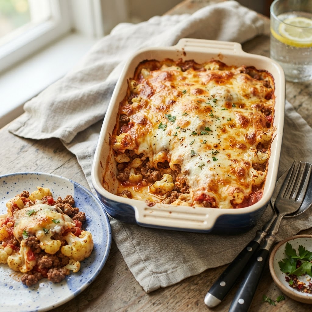 Cheesy Ground Beef Cauliflower Casserole