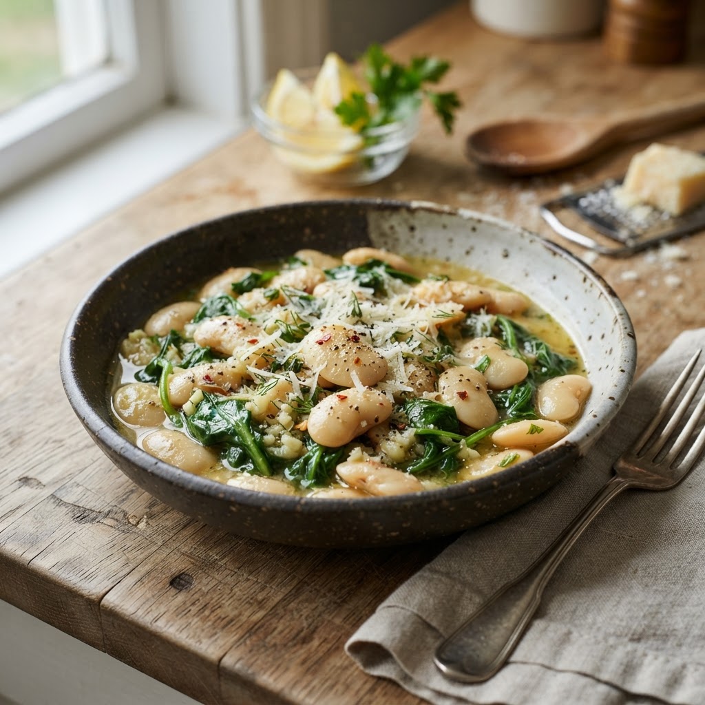 Lemon Garlic Butter Beans with Spinach