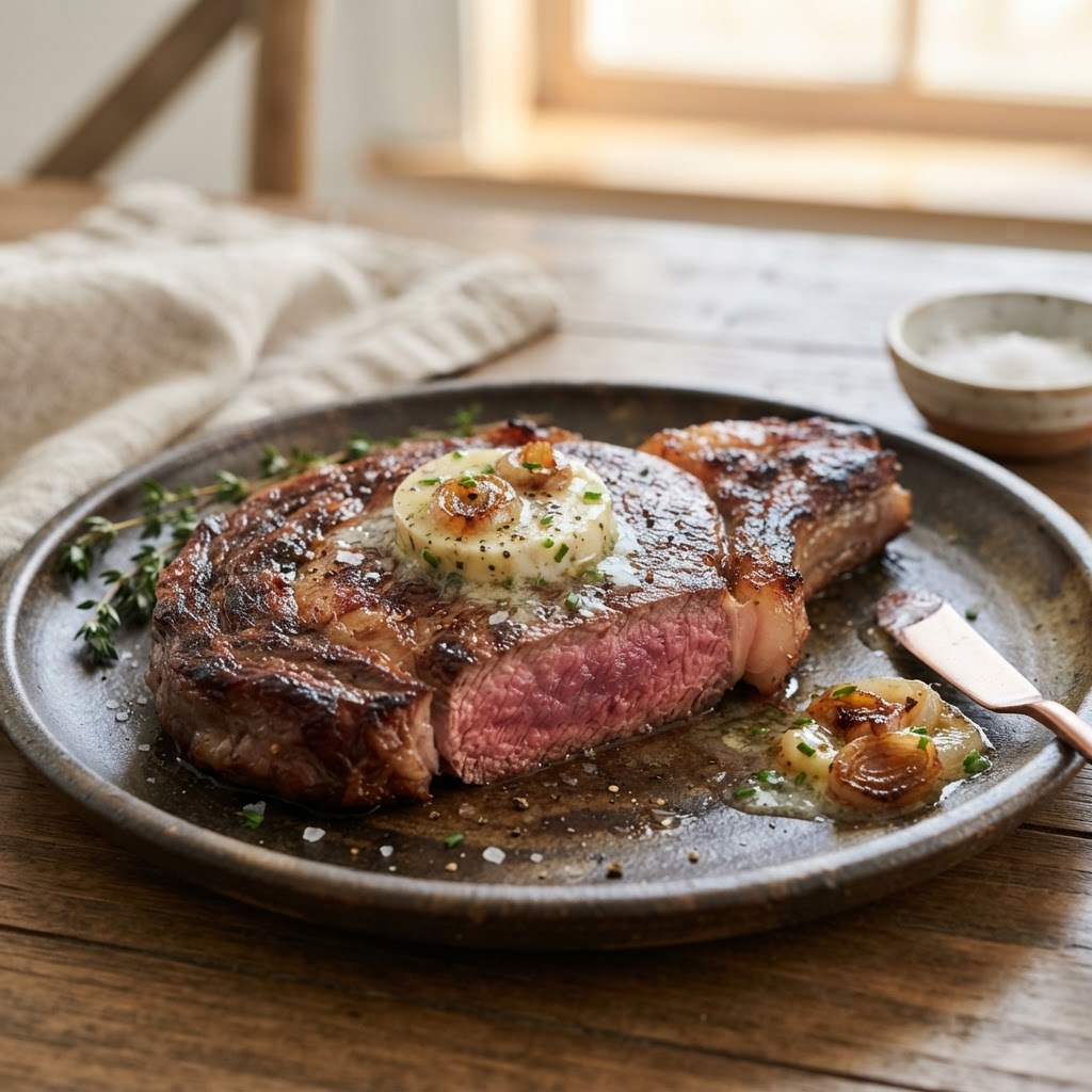 Pan-Seared Ribeye with Caramelized Shallot and Yuzu Butter