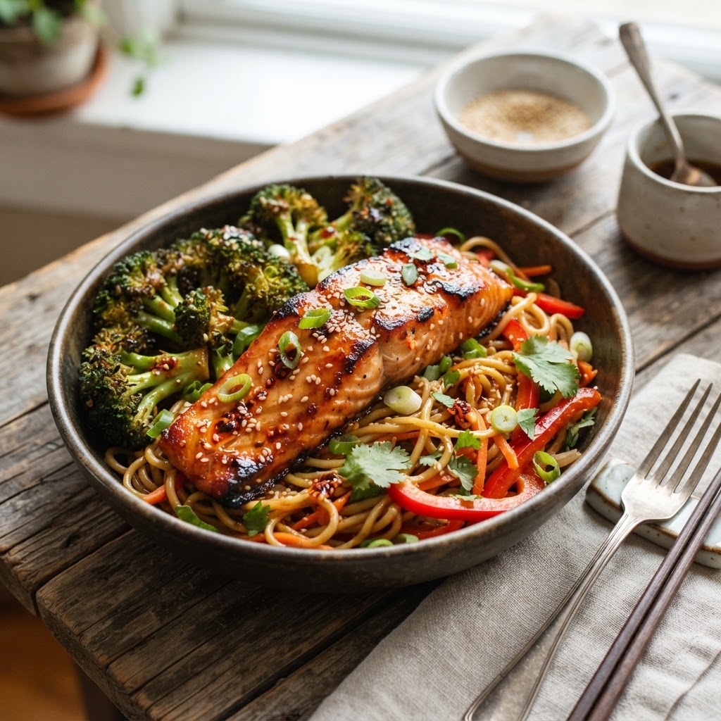 Honey Garlic Salmon Noodle Bowls