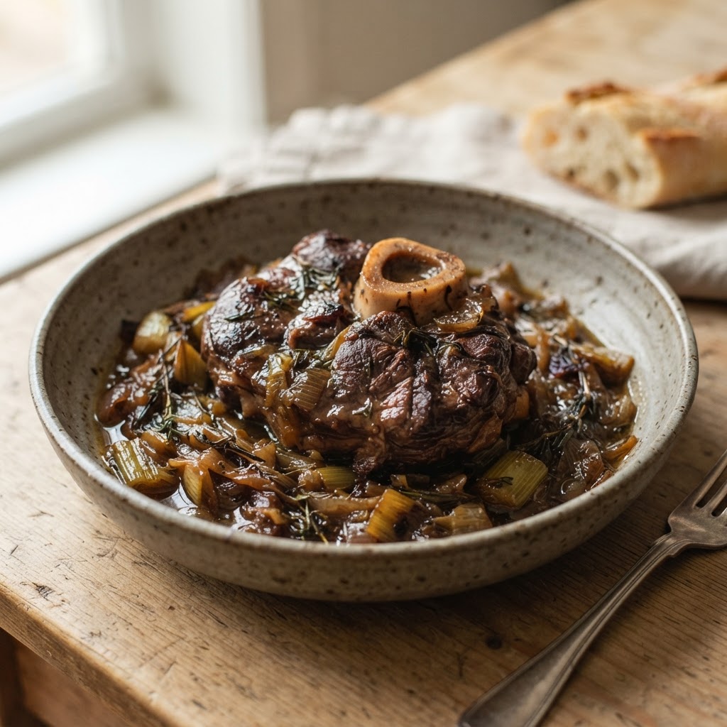 Braised Beef Shanks with Caramelized Leeks