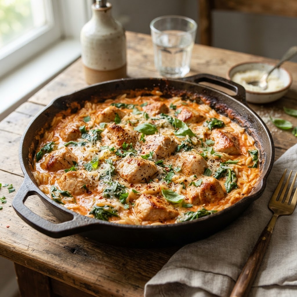 Creamy Tomato Chicken Orzo Skillet