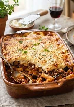 Moussaka Pasta with Ground Beef, Eggplant, and Feta-Bechamel Sauce