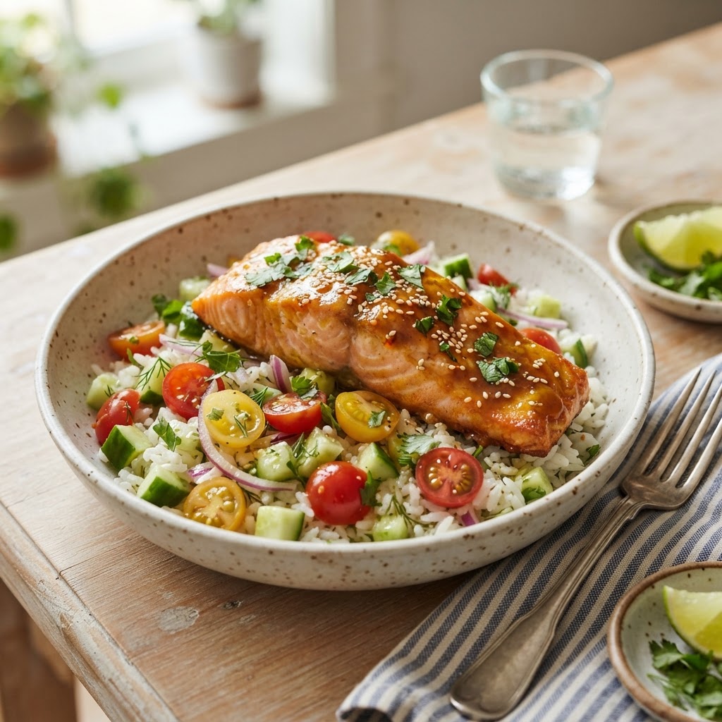 Curry Glazed Salmon with Tomato Cucumber Rice