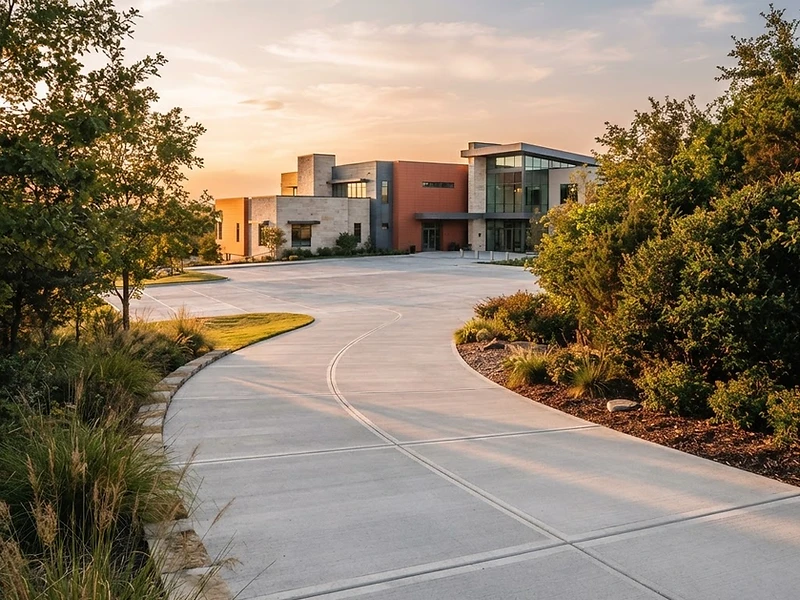 Residential driveway leading to commercial concrete structure at golden hour