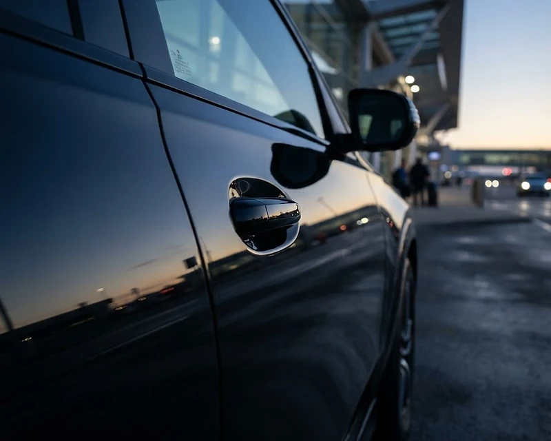 Black luxury vehicle ready for airport pickup