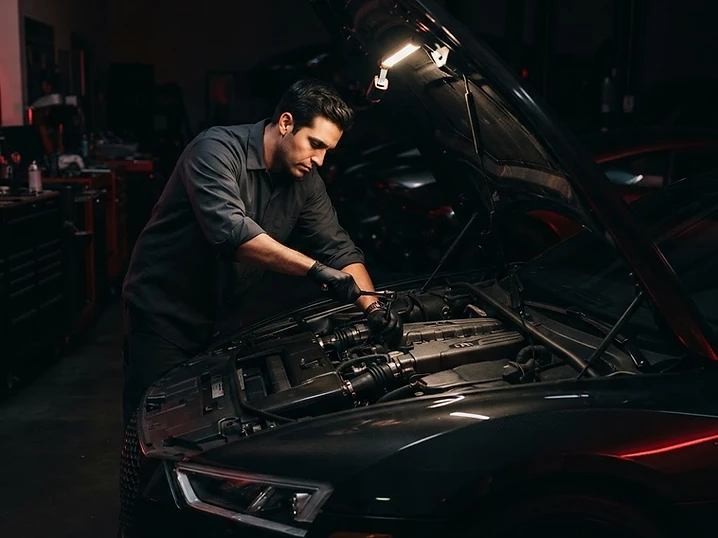 EliteAutoLab.Inc technician working under the hood in the Brampton studio