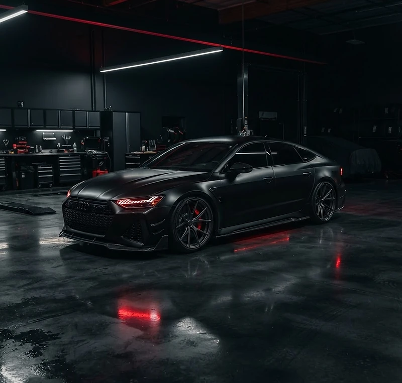 Matte black Audi RS7 in the EliteAutoLab.Inc performance studio in Brampton