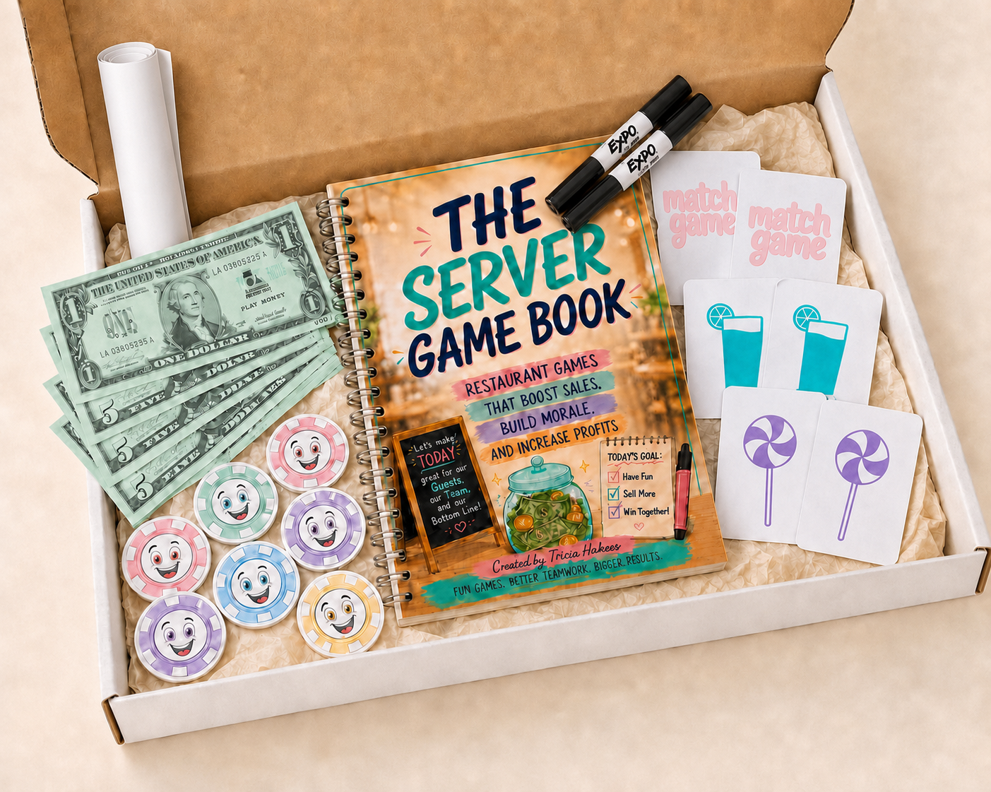 The Server Game Book kit — book, tokens, play money, match cards, and dry-erase markers