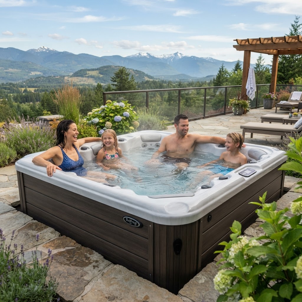 Family relaxing in a premium outdoor spa