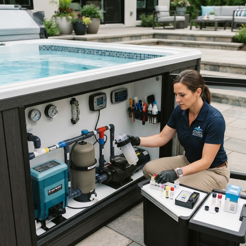 Swim spa maintenance being performed by a professional