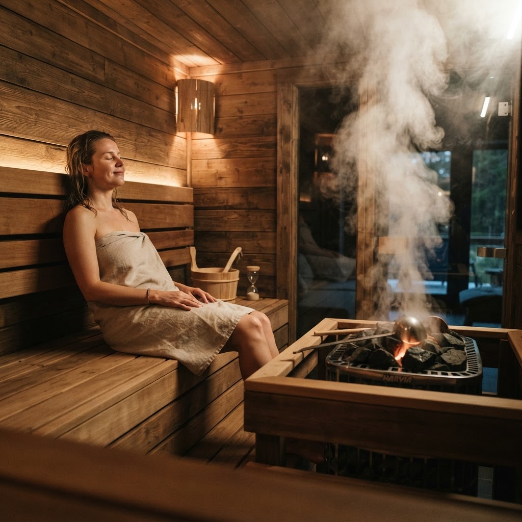 Relaxing in a home sauna with atmospheric lighting