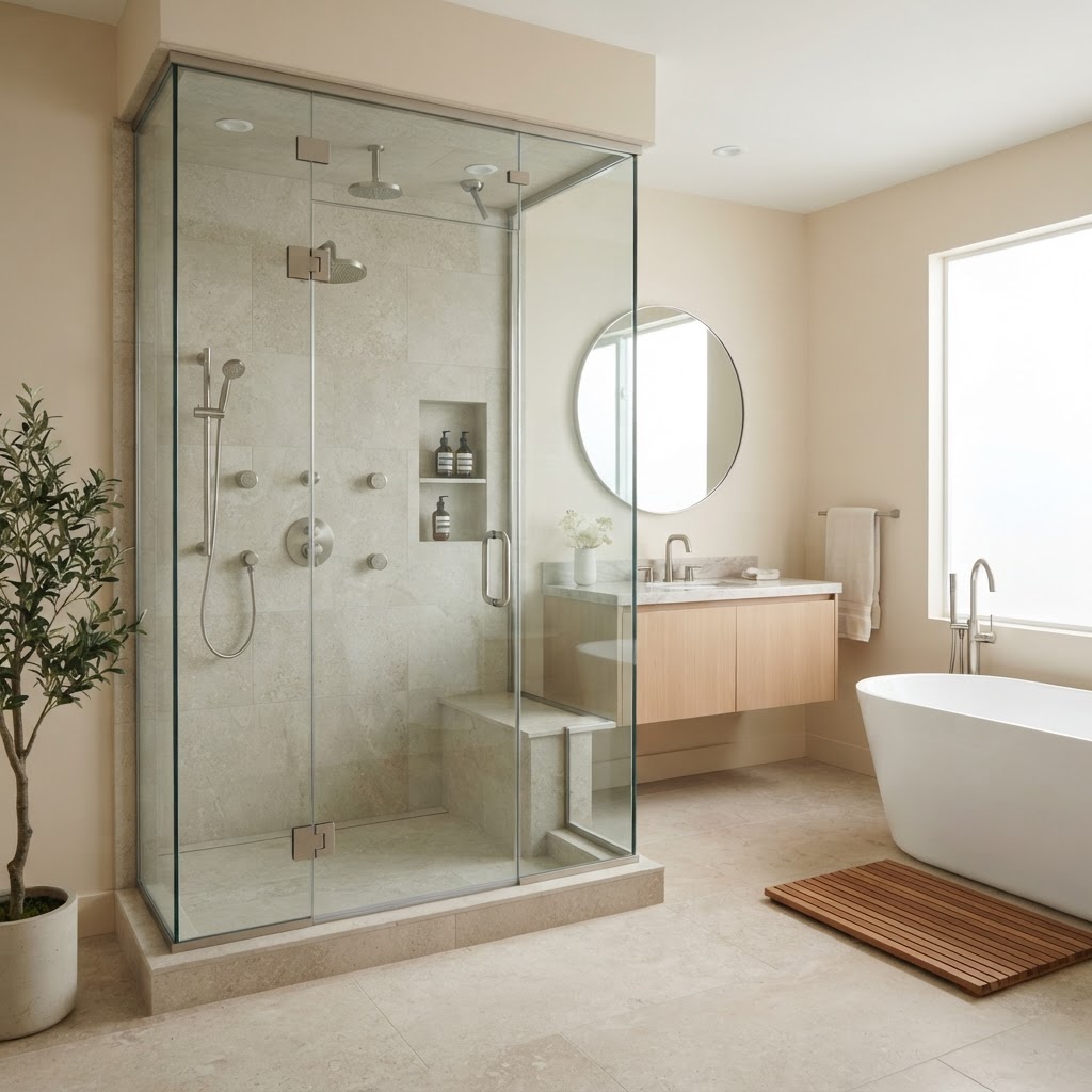 Modern, minimalist steam shower enclosure installed in a contemporary home bathroom.
