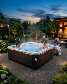 Modern backyard hot tub setup at dusk