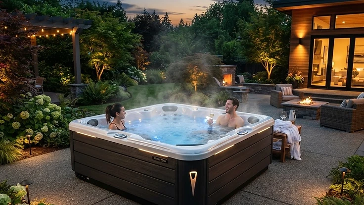 Modern backyard hot tub setup at dusk