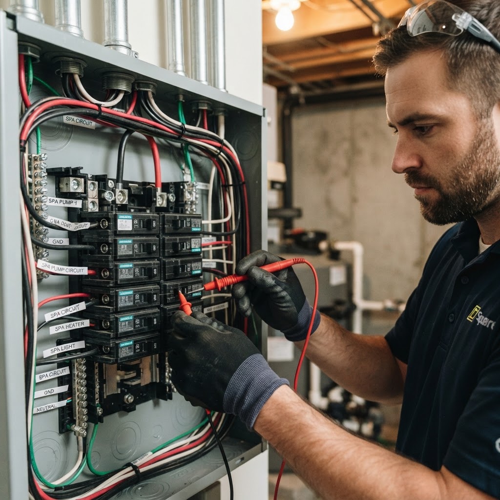 Electrician inspecting power supply for home wellness product