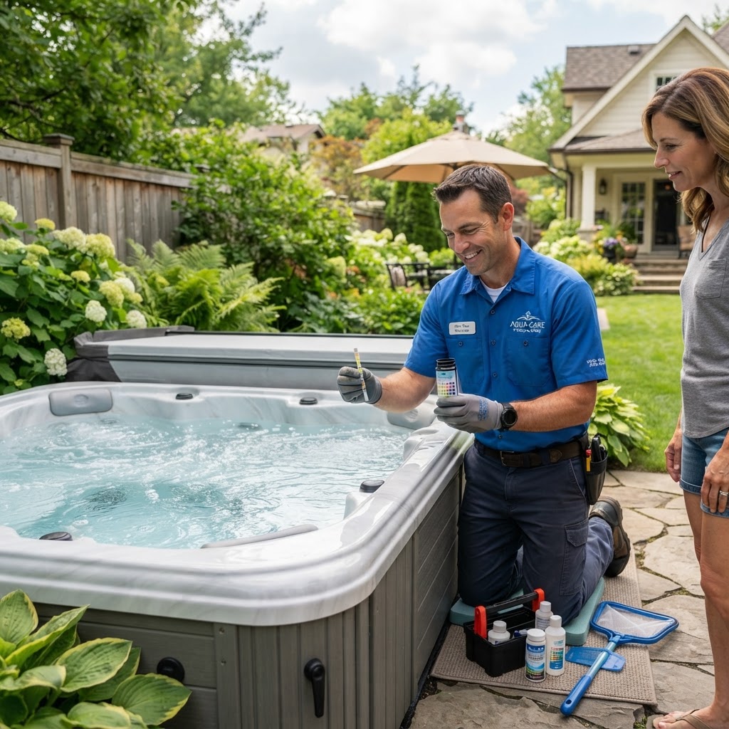 Maintenance technician testing hot tub water chemistry