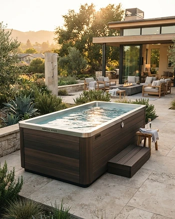 A luxury cold plunge tub in a modern backyard setting.