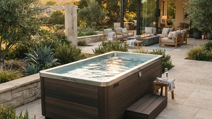 A luxury cold plunge tub in a modern backyard setting.