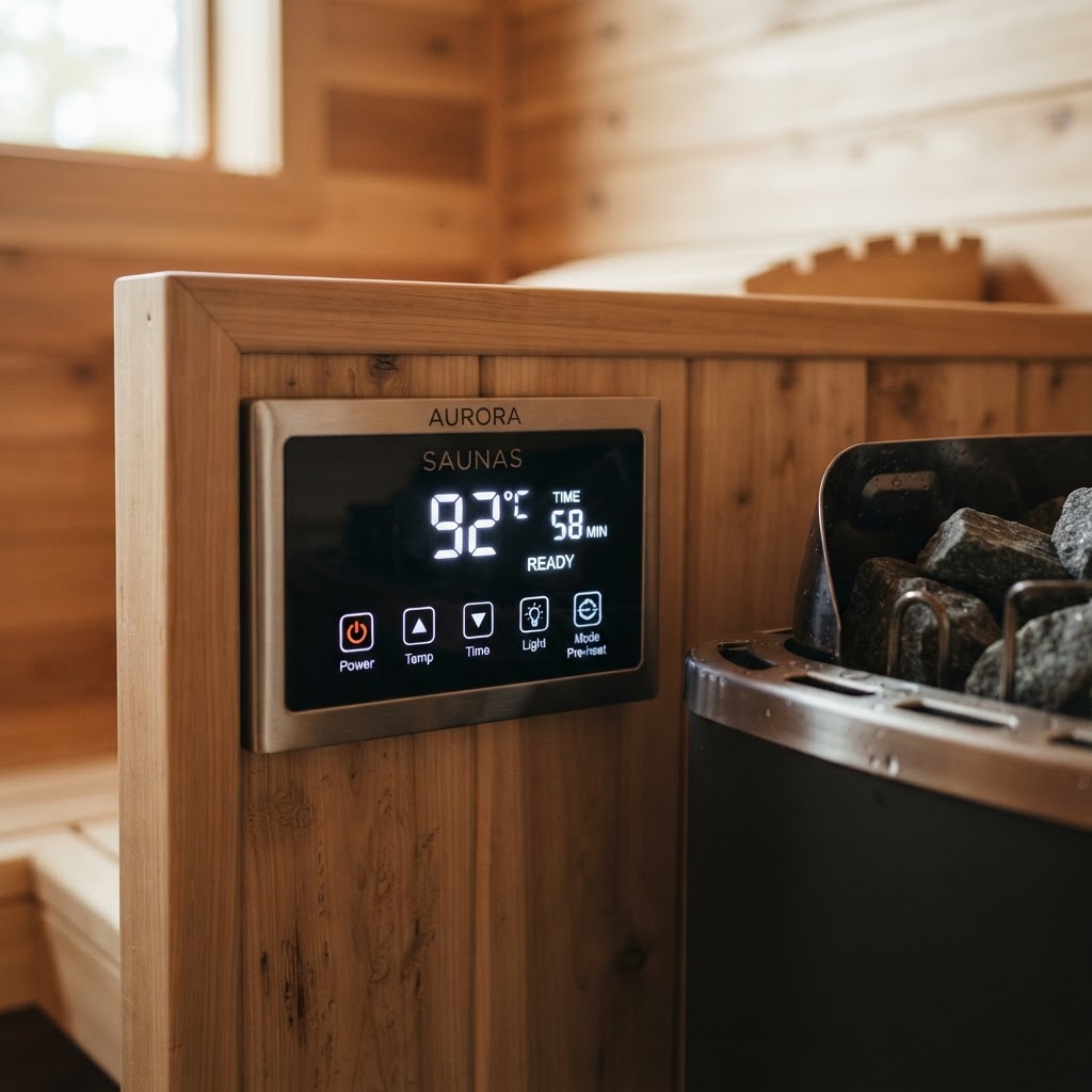 Digital control panel for a premium electric sauna heater.