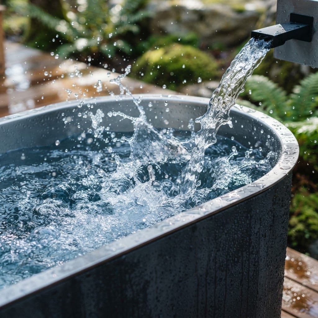 Crystal clear water splashing into a modern cold plunge tub