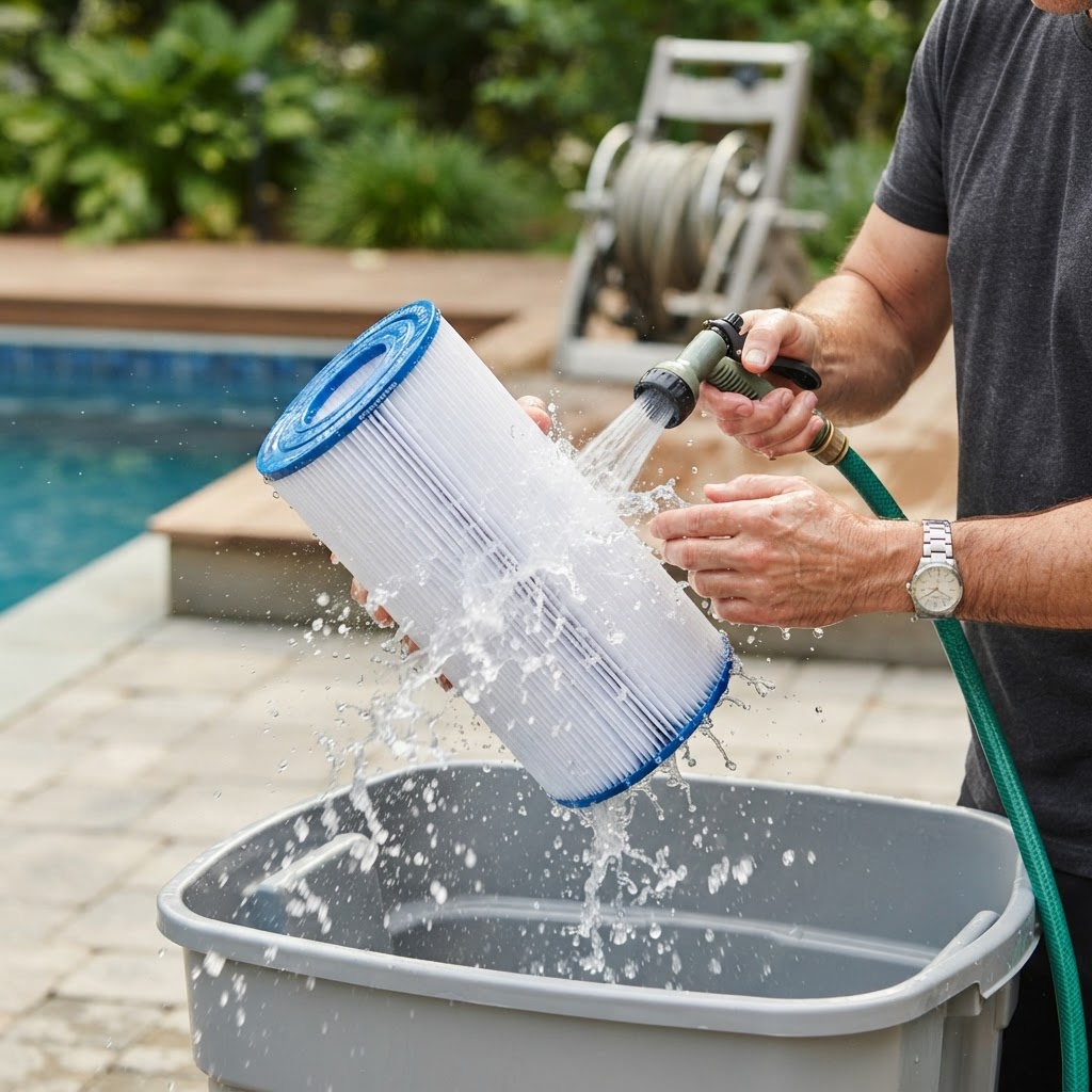 Cleaning a cold plunge filter cartridge.