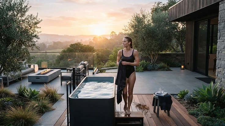Premium home cold plunge setup on a modern backyard patio