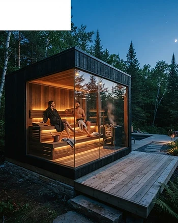 Modern home sauna with warm lighting in a serene environment