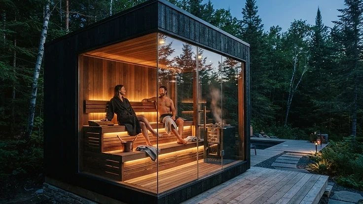 Modern home sauna with warm lighting in a serene environment