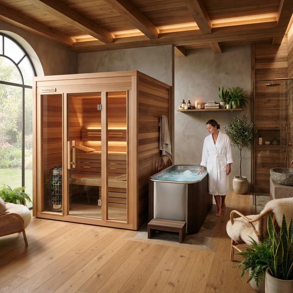 Integrated home spa area with sauna and cold plunge