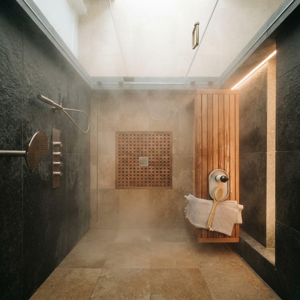 Interior view of a clean home steam shower