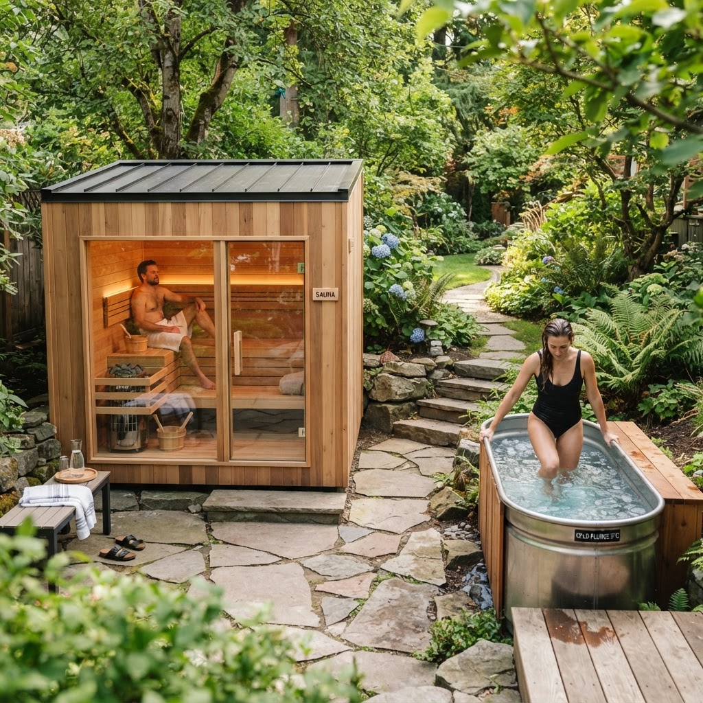Contrast therapy setup with a sauna and cold plunge