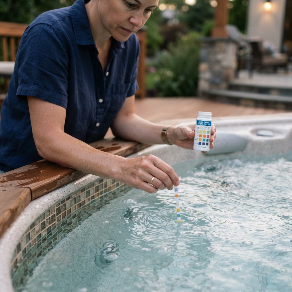 Person testing hot tub water chemistry with a test strip.