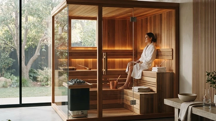 A luxurious home sauna installation in a modern, sunlit room.