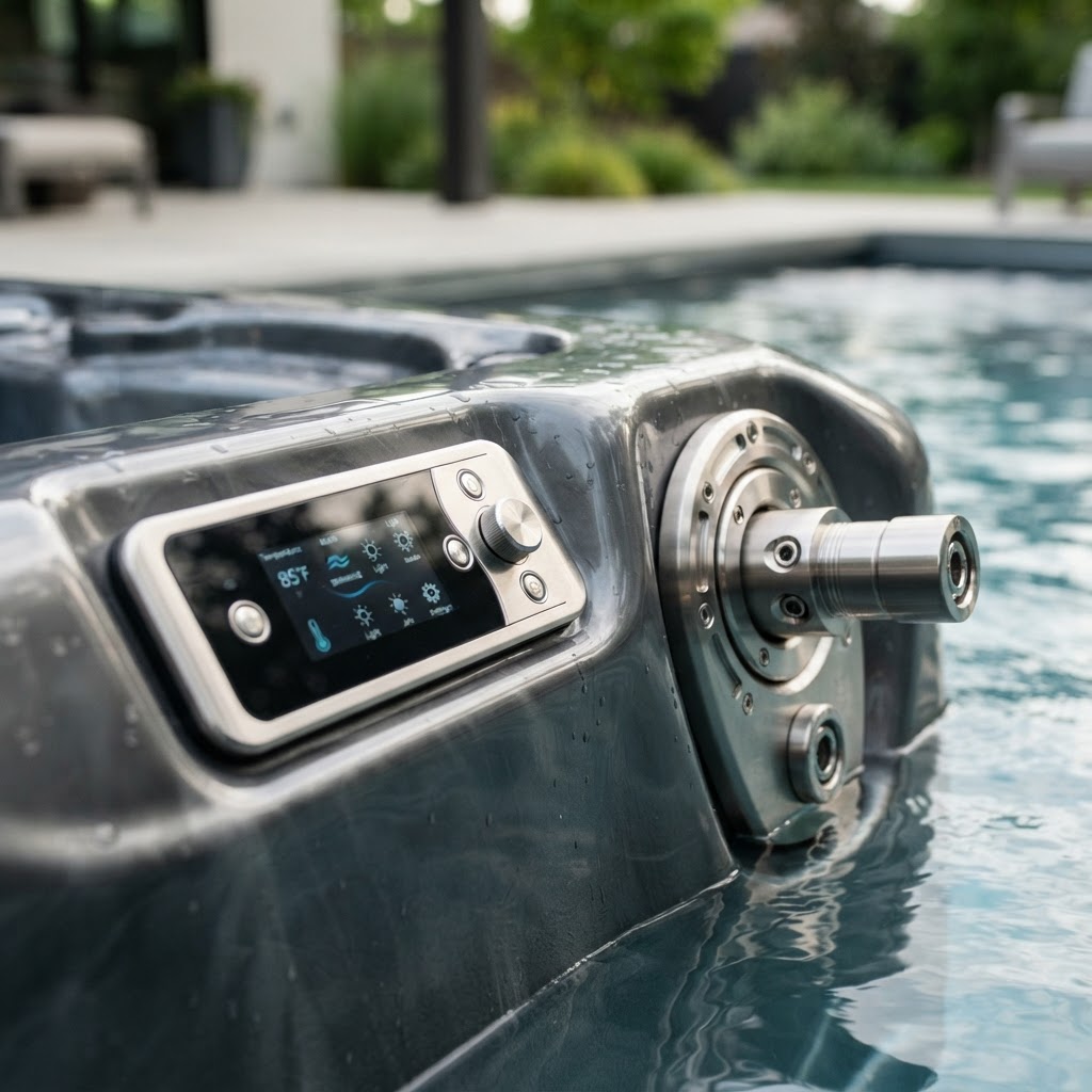 Detailed view of swim spa jet technology and control interface.