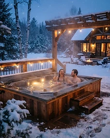 A steaming, luxurious hot tub in a snow-covered backyard during winter.