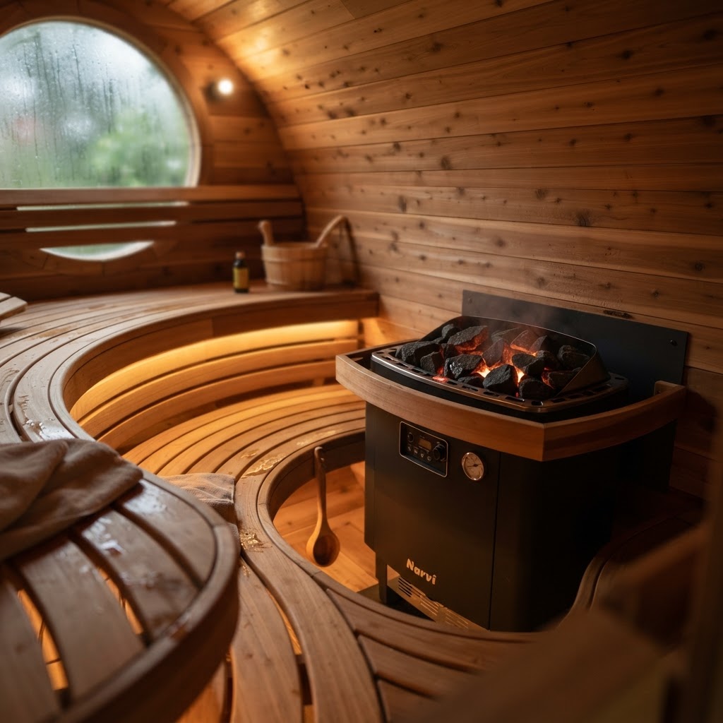 Interior view of an efficient barrel sauna with high-quality wooden benches.