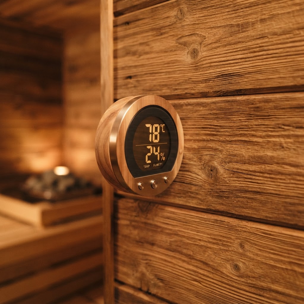 Precision sauna thermometer and hygrometer mounted on cedar wall.