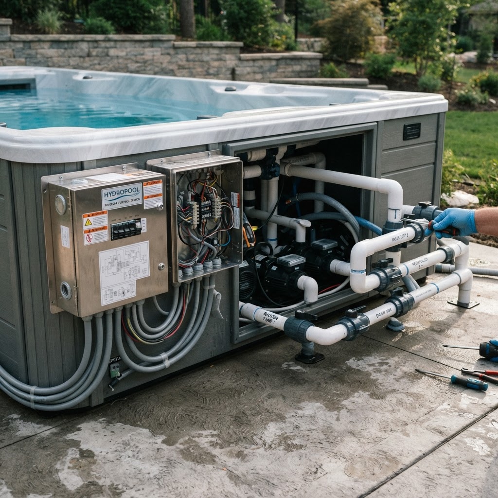 Swim spa electrical and plumbing setup