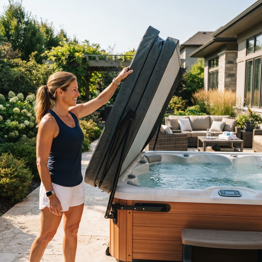 User operating a hot tub cover lift with ease.
