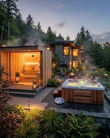A luxurious backyard wellness space with an outdoor sauna and a hot tub.