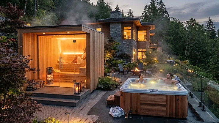 A luxurious backyard wellness space with an outdoor sauna and a hot tub.