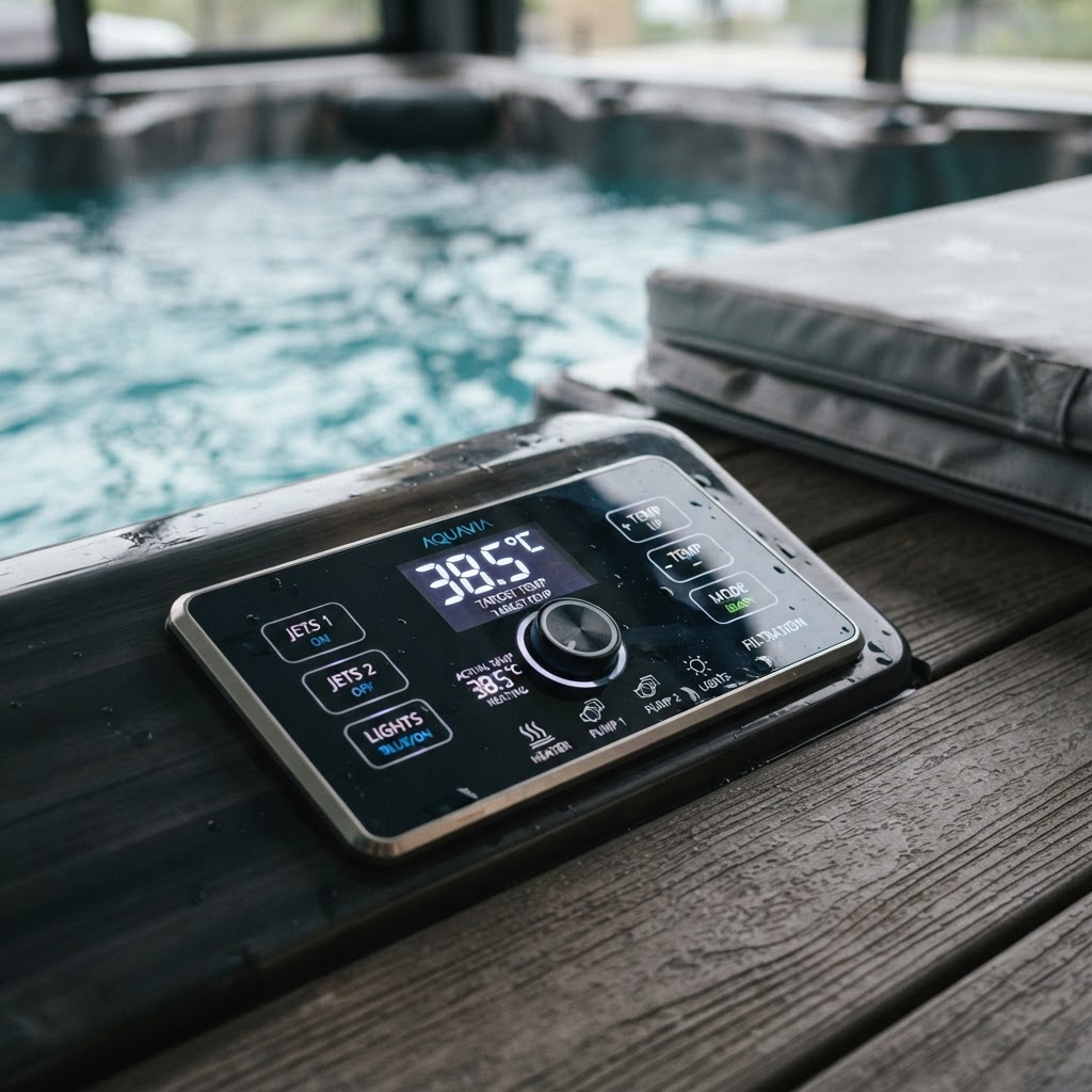 Swim spa control panel showing energy-efficient settings