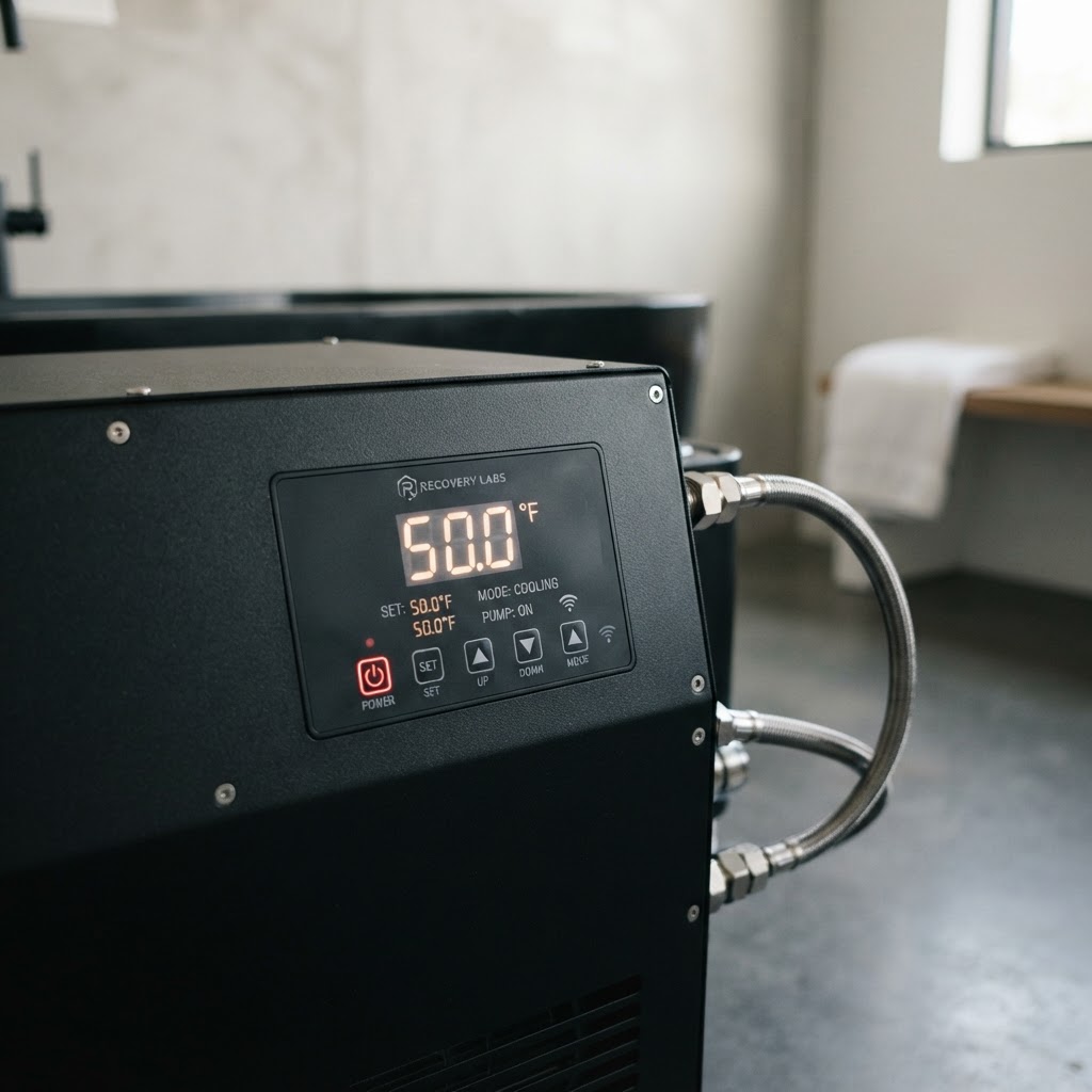 Close-up of a digital cold plunge chiller control panel.