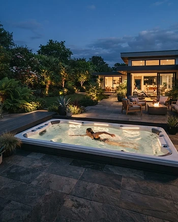 Modern premium swim spa in a backyard setting