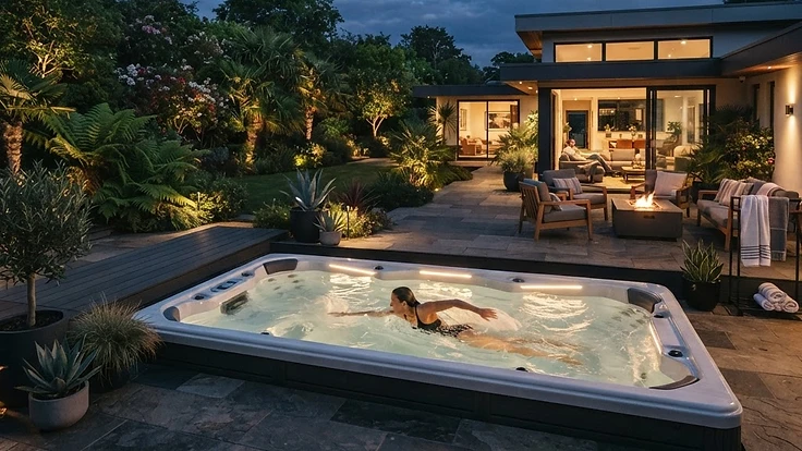Modern premium swim spa in a backyard setting